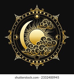 Medieval Astrological Golden Sun with Clouds and Phases of Moon isolated on black background. Vector illustration