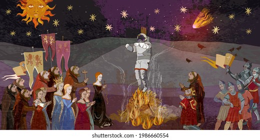 Medieval astronaut. Inquisition. Burning spaceman. Monks at a fire with the cosmonaut. Past and future. Middle Ages parchment style. Palaeocontact symbol, first contact, pseudoscience, atheism 