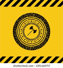 medieval axe icon black grunge emblem inside yellow warning sign. Vector Illustration. Detailed.