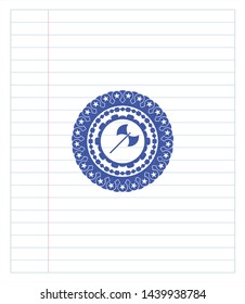 medieval axe icon emblem draw with pen effect. Blue ink. Vector Illustration. Detailed.