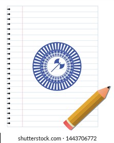 medieval axe icon emblem draw with pen effect. Blue ink. Vector Illustration. Detailed.