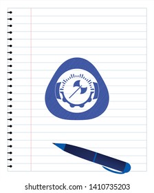 medieval axe icon emblem drawn with pen. Blue ink. Vector Illustration. Detailed.