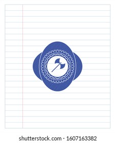 medieval axe icon emblem with pen effect. Blue ink. Vector Illustration. Detailed.