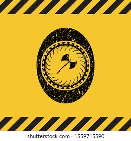 medieval axe icon grunge black emblem with yellow background, warning sign. Vector Illustration. Detailed.