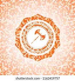 medieval axe icon inside abstract orange mosaic emblem with background
