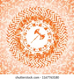 medieval axe icon inside abstract orange mosaic emblem with background