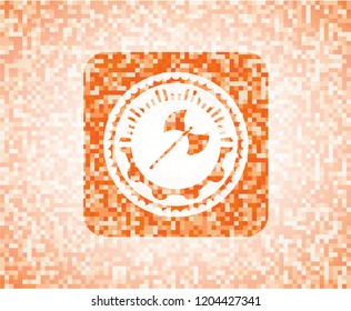 medieval axe icon inside abstract orange mosaic emblem with background