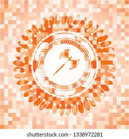 medieval axe icon inside abstract emblem, orange mosaic background