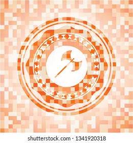 medieval axe icon inside abstract orange mosaic emblem with background