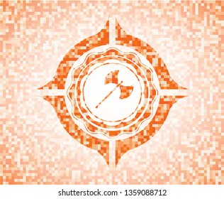 medieval axe icon inside abstract emblem, orange mosaic background