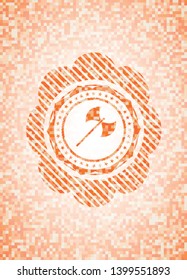 medieval axe icon inside abstract orange mosaic emblem with background