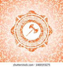 medieval axe icon inside abstract orange mosaic emblem with background