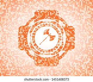 medieval axe icon inside abstract orange mosaic emblem with background