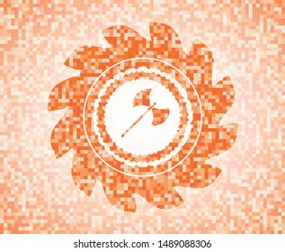 medieval axe icon inside abstract emblem, orange mosaic background