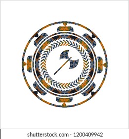 medieval axe icon inside arabesque emblem. arabic decoration.