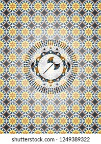 medieval axe icon inside arabesque emblem background. arabic decoration.