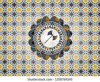 medieval axe icon inside arabesque badge. arabic decoration.
