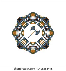 medieval axe icon inside arabesque badge. arabic decoration.