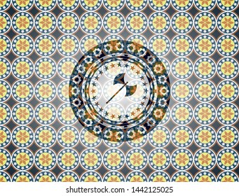 medieval axe icon inside arabesque style emblem. arabic decoration.