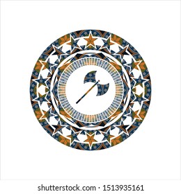 medieval axe icon inside arabesque style badge. arabic decoration.