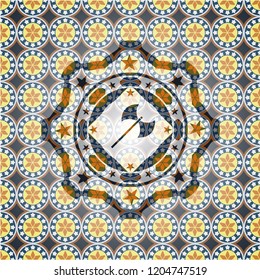 medieval axe icon inside arabic emblem. Arabesque decoration.