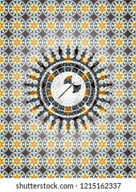 medieval axe icon inside arabic style emblem. Arabesque decoration.