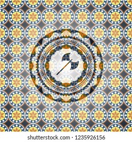medieval axe icon inside arabic style emblem. Arabesque decoration.
