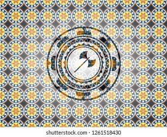 medieval axe icon inside arabic badge. Arabesque decoration.