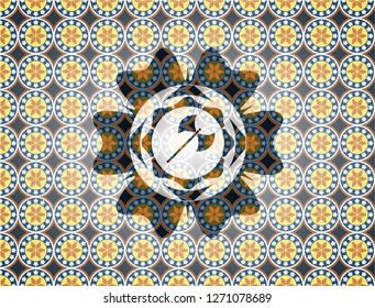medieval axe icon inside arabic style badge. Arabesque decoration.