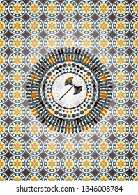 medieval axe icon inside arabic badge. Arabesque decoration.