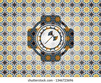 medieval axe icon inside arabic style badge. Arabesque decoration.