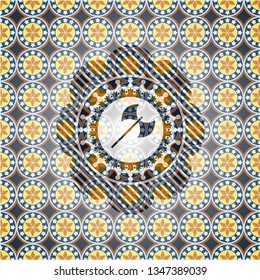 medieval axe icon inside arabic style badge. Arabesque decoration.