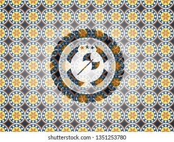 medieval axe icon inside arabic emblem background. Arabesque decoration.