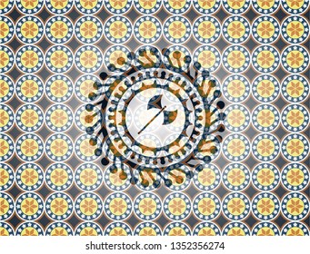 medieval axe icon inside arabic emblem. Arabesque decoration.