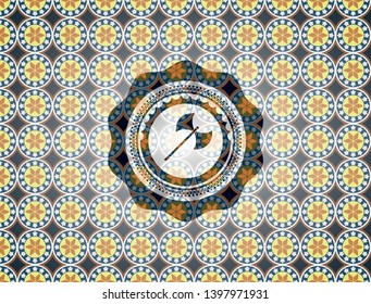 medieval axe icon inside arabic badge. Arabesque decoration.