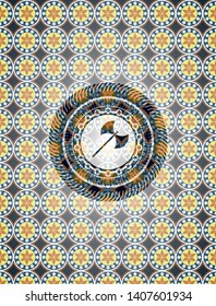 medieval axe icon inside arabic emblem. Arabesque decoration.