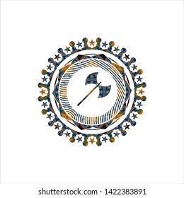 medieval axe icon inside arabic badge background. Arabesque decoration.