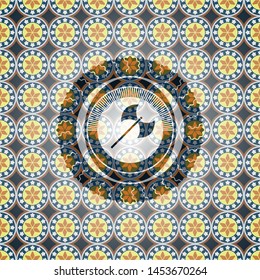 medieval axe icon inside arabic badge. Arabesque decoration.
