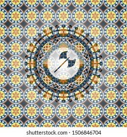 medieval axe icon inside arabic style badge. Arabesque decoration.