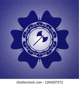 medieval axe icon inside badge with jean texture