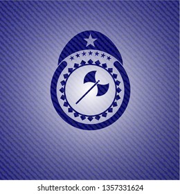 medieval axe icon inside badge with denim background