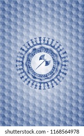 medieval axe icon inside blue badge with geometric background.