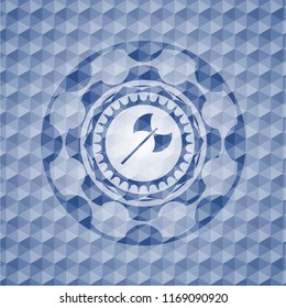 medieval axe icon inside blue emblem with geometric pattern background.
