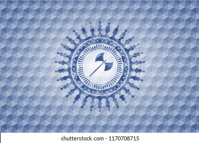 medieval axe icon inside blue badge with geometric pattern background.