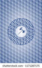 medieval axe icon inside blue emblem or badge with abstract geometric pattern background.