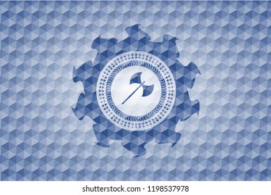 medieval axe icon inside blue emblem with geometric pattern.