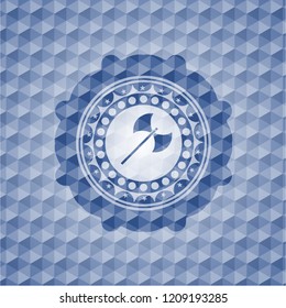 medieval axe icon inside blue emblem or badge with abstract geometric polygonal pattern background.