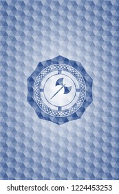 medieval axe icon inside blue emblem or badge with abstract geometric pattern background.