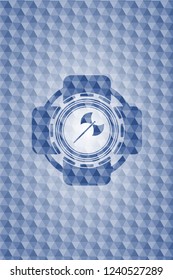 medieval axe icon inside blue emblem or badge with geometric pattern background.