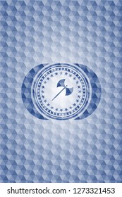 medieval axe icon inside blue emblem or badge with abstract geometric polygonal pattern background.